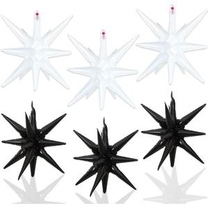 6 Pcs White Black Star Foil Balloons One-Piece 14-Pointed Star Balloon 4D Starburst Cone Mylar Balloon 22inch Christmas Birthday Wedding Wedding Anniversary Party Supplies (White + Black)