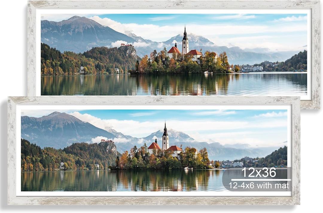 12x36 Picture Frame 2 Packs, Real Glass and Grey Wood Frame, Display Collage Pictures Twelve 4x6 With Mat or Pennant 12 x 36 Without Mat - Horizontal or Vertical Wall Mounting (12x36 in matted to 12-4x6)