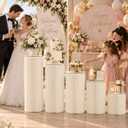 5 Pack White Cylinder Stands for Party, Foldable Cardboard Cylinder Pedestal Stands with Acrylic Plates, 11.8 in Cake Display, Cylinder Tables for Parties, Cilindros para Fiestas Redondos Blancos