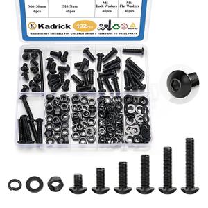 Kadrick M6 Screw Assortment, 192PCS M6 Screw Kit,Machine Screws with Lock & Flat Washers, Grade 10.9 Alloy Steel Hex Socket Button Head Black Screws Nuts and Bolts Kit
