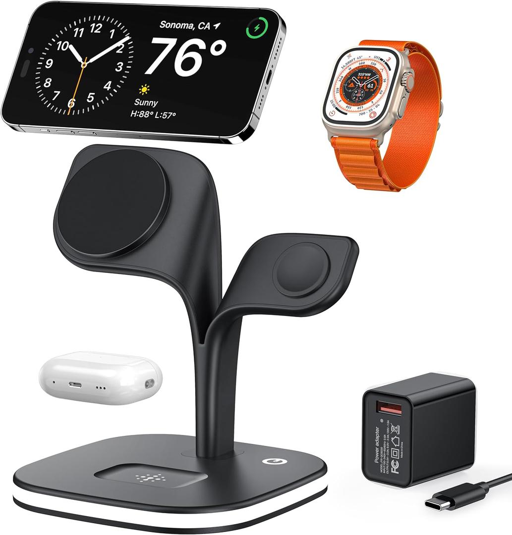 EXW Wireless Charging Station for Magsafe Charger, Charging Station for Multiple Devices, Wireless Charger for iPhone 16/15/14/13/12 Series, Apple Watch Series 1-9, AirPods with LED and Adapter (Black)