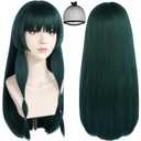 Dark Green Wig with Bangs Cosplay Costume Outfit Long Dark Green Cosplay Wigs for Women Adult Anime Costume Wigs for Halloween Christmas Party +Hair Cap