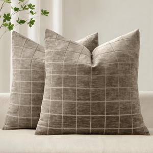 MIULEE Decorative Chenille Check Euro Shams Throw Pillow Covers Vintage Plaid Couch Pillows 24x24 Inch Set of 2 Neutral Boho Cushion Covers Modern Spring Decor for Sofa Bed Living Room Taupe Grey