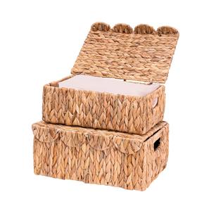 Set of 2 Scalloped Edge Wicker Basket with Lids, Rectangle Wicker Storage Basket with Built-in Handles, Multipurpose Organizer Rattan Display Boxes for Shelf, Nursery Room