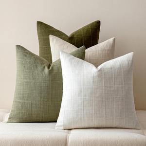 Green Linen Pillow Covers Set of 4, Spring Decorative Plaid Throw Pillow Covers 20 x 20 Inch, Boho Cushion Soft Farmhouse Vintage Cozy Neutal Home Decor for Living Room Bedroom Olive Green