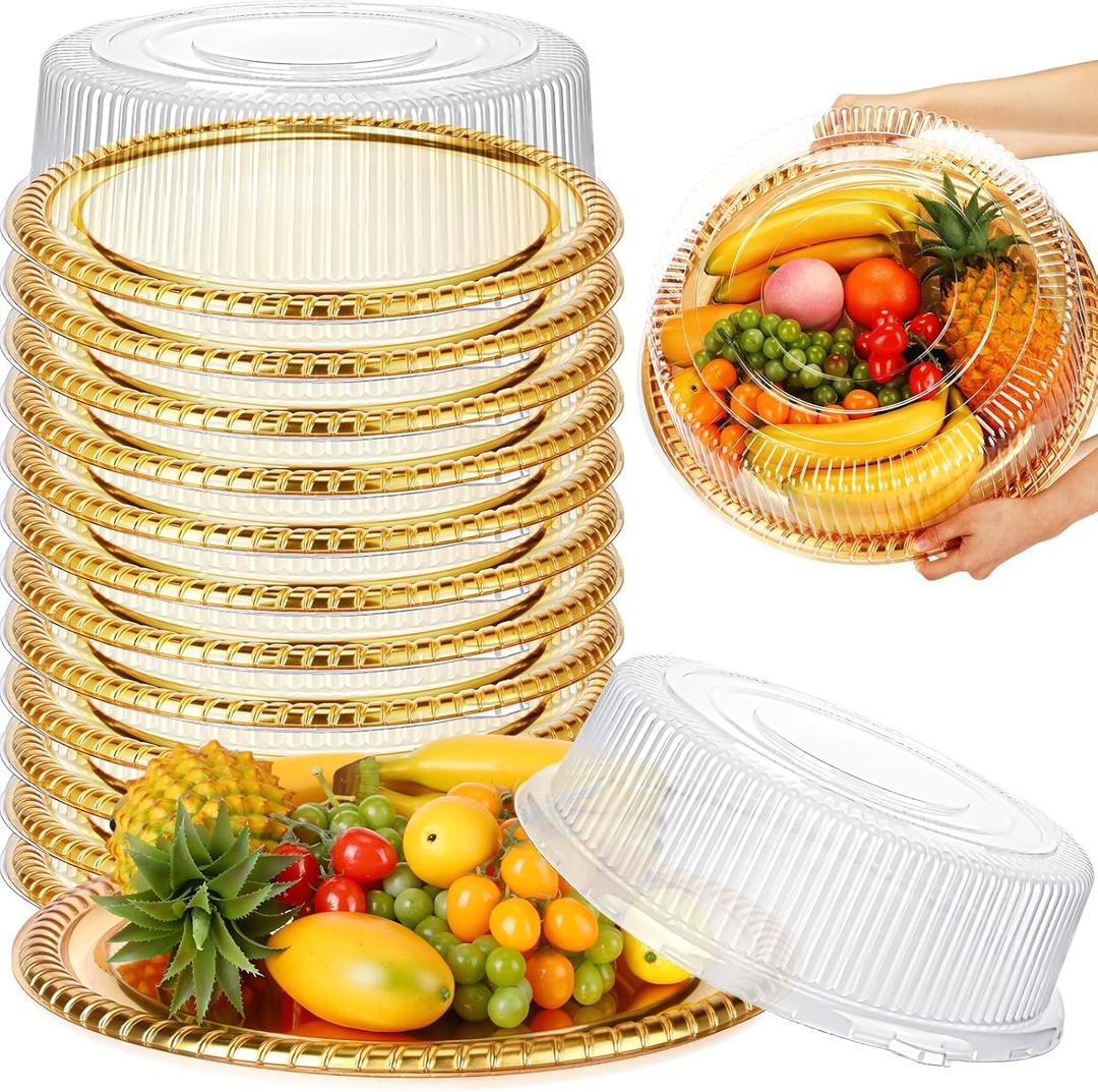 Nitial 12 Pcs Plastic Serving Tray with Lid Heavy Duty Elegant Platters Gold Catering Trays Round Stackable Disposable Containers with Clear Lids for Party Fruit Cake Sandwich Takeout Food (12 Inches)