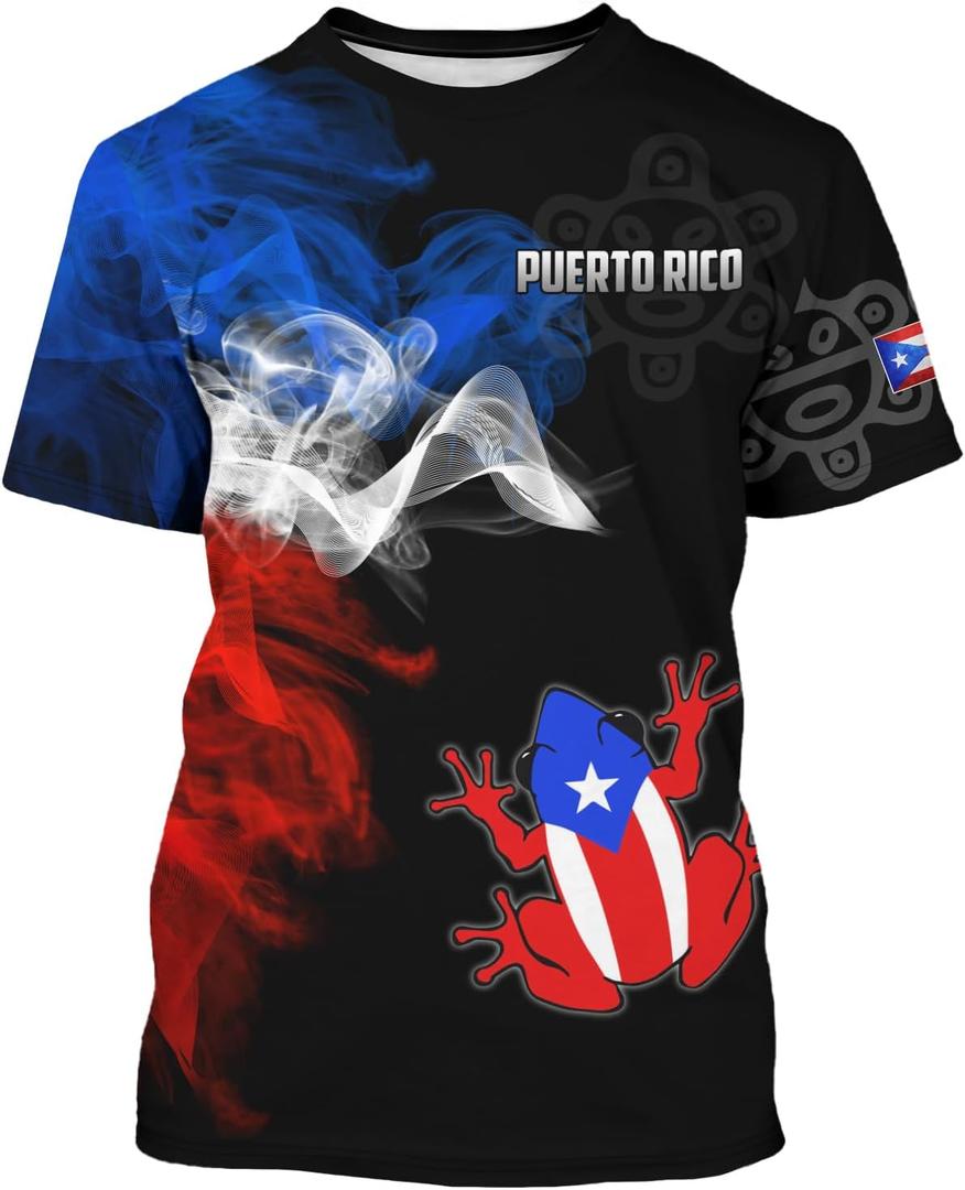 Men's Puerto Rico Flag T-Shirt 3D Frog Print Short Sleeve Shirt Novelty Casual Round Neck Top Unisex (M)