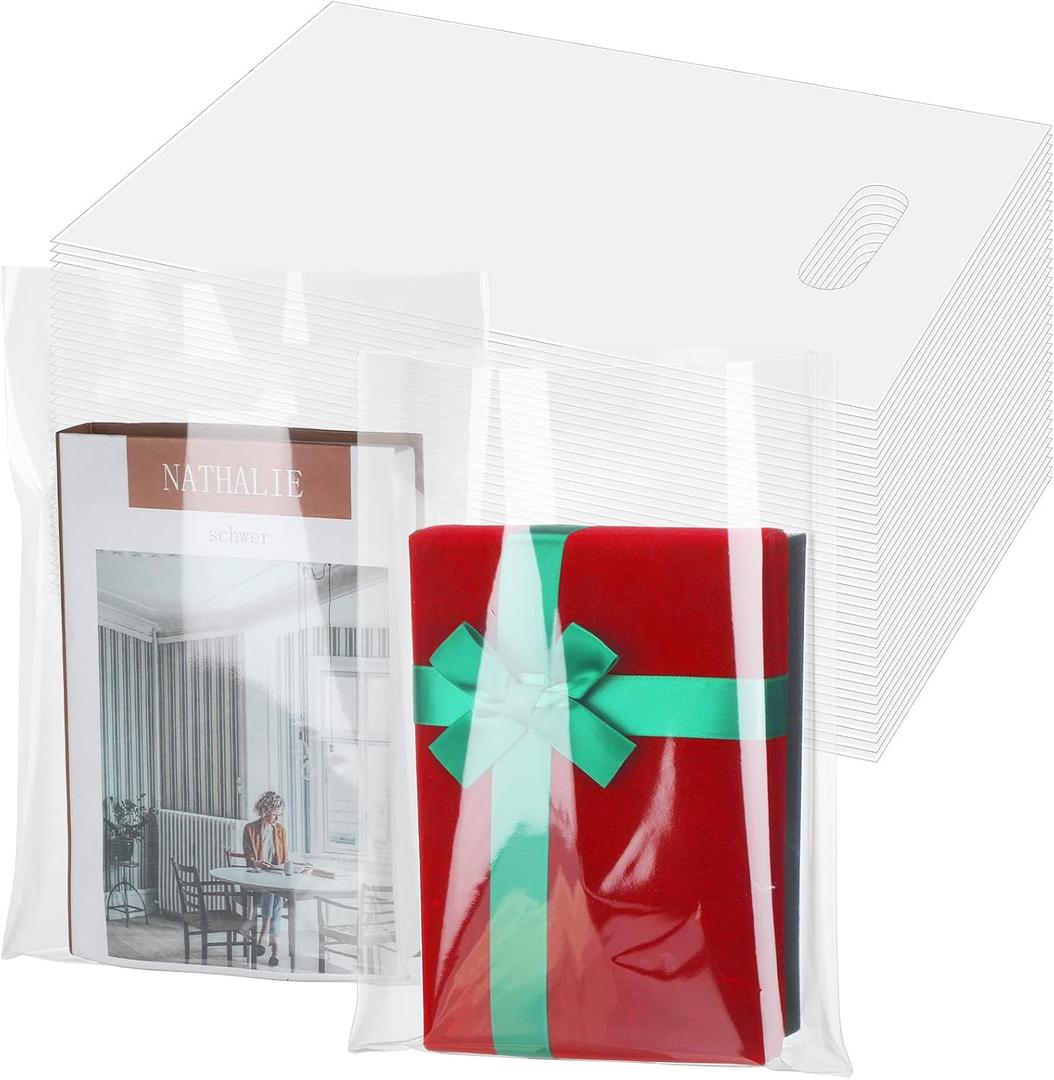 Sinmoe 200 Pack Plastic Bag with Handles Bulk Plastic Merchandise Die Cut Handle LDPE Gift Bags for Small Business Retail Gifts Shopping Trade (9'' x 12'', clear)