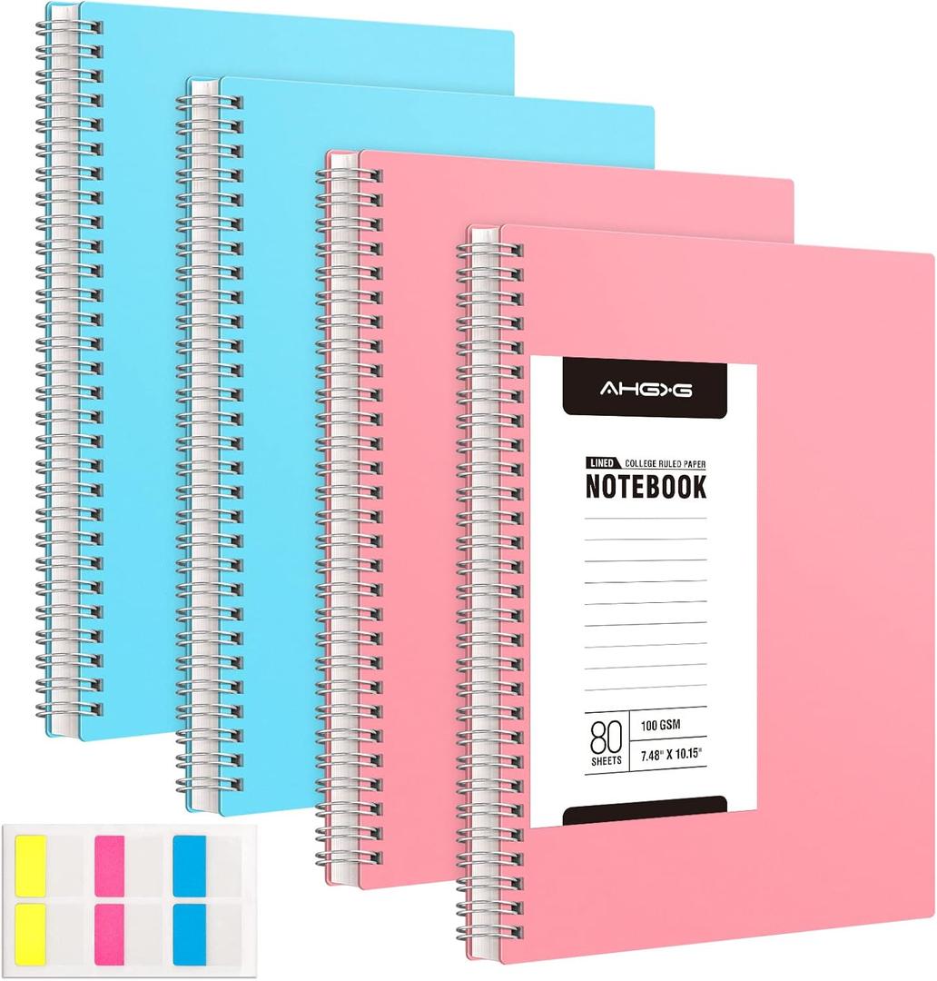 AHGXG Spiral Notebook - 4 Pack College Ruled Notebooks, 7.6" x 10" B5 Large Journal for Women, 100GSM Thick Paper, 160 Pages Journals for Writing Work School, Blue Pink