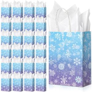 24 Pcs Winter Snowflake Gift Bags, Blue and Purple Snowflake Goodie Bags Bulk with 24 Tissue Paper, Holiday Kraft Paper Party Favor Bags with Handles for Birthday Christmas Winter Wonderland