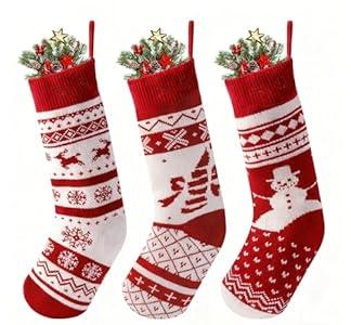 JOYIN 18 Christmas Stockings 3 Packs, Large Size Rustic Cable Knit Xmas Stocking in Red & Green, for Family Holiday Season Decorations, Red Basic
