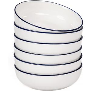 OTAGO 8" Stoneware Salad and Pasta Bowls Set of 6, Porcelain Ceramic Bowls with Blue Rim, Microwave & Dishwasher Safe Tableware for Kitchen, Dinner & Dining