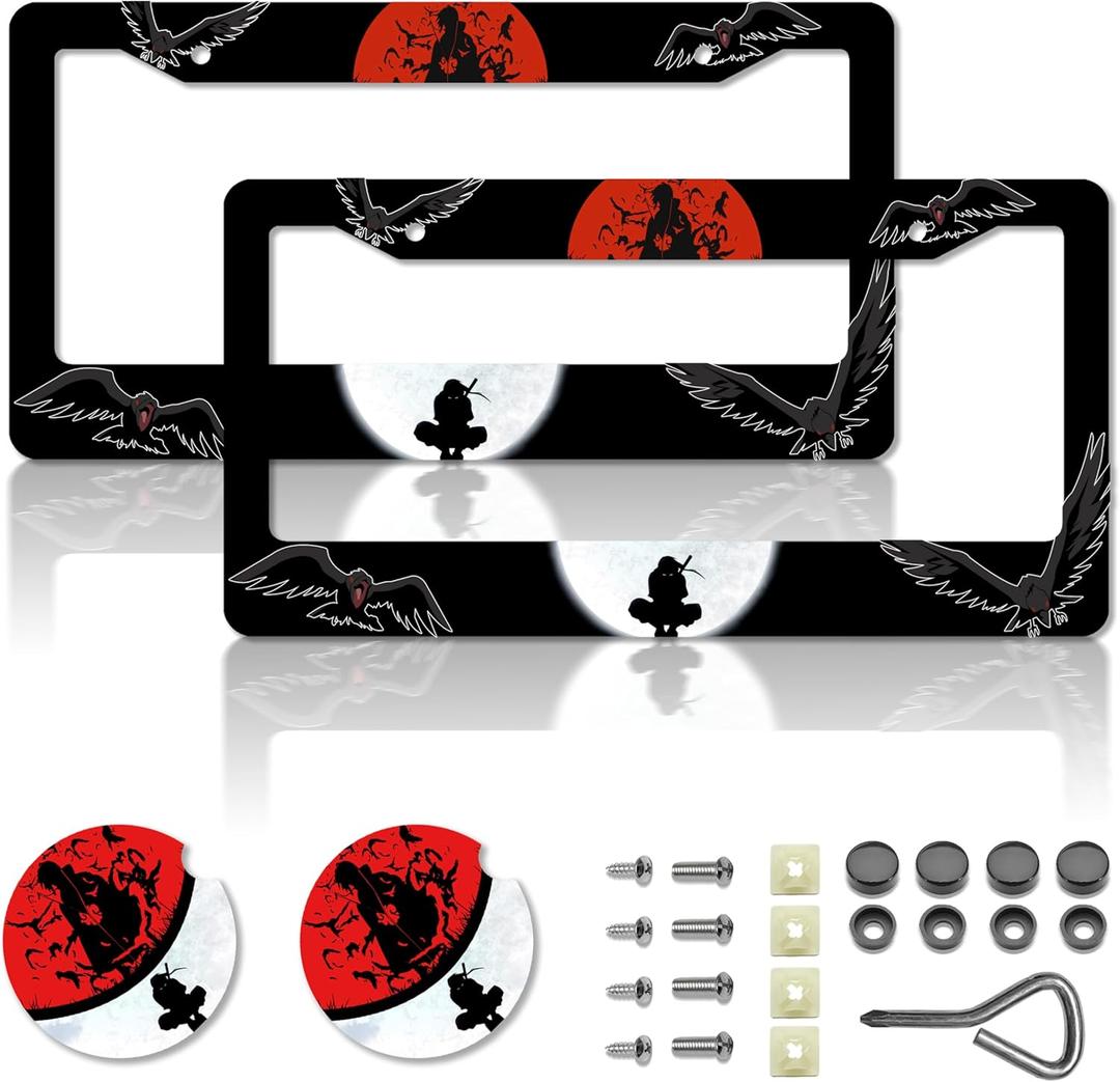 Anime License Plate FramesAnime Car Accessories for Women & MenCute License Plate HolderAluminum License Plate Frame Fits Standard US Vehicles Size 12.2 x 6 Inch (Black-2pcs)