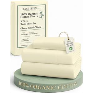 LANE LINEN 100% Organic Cotton Twin Bed Sheet Set, Soft, Comfy & Breathable Hotel Style Percale Bedding Sheets & Pillowcases Set, Mercerized Cotton Fully Elasticized Sheets Twin- Vanilla