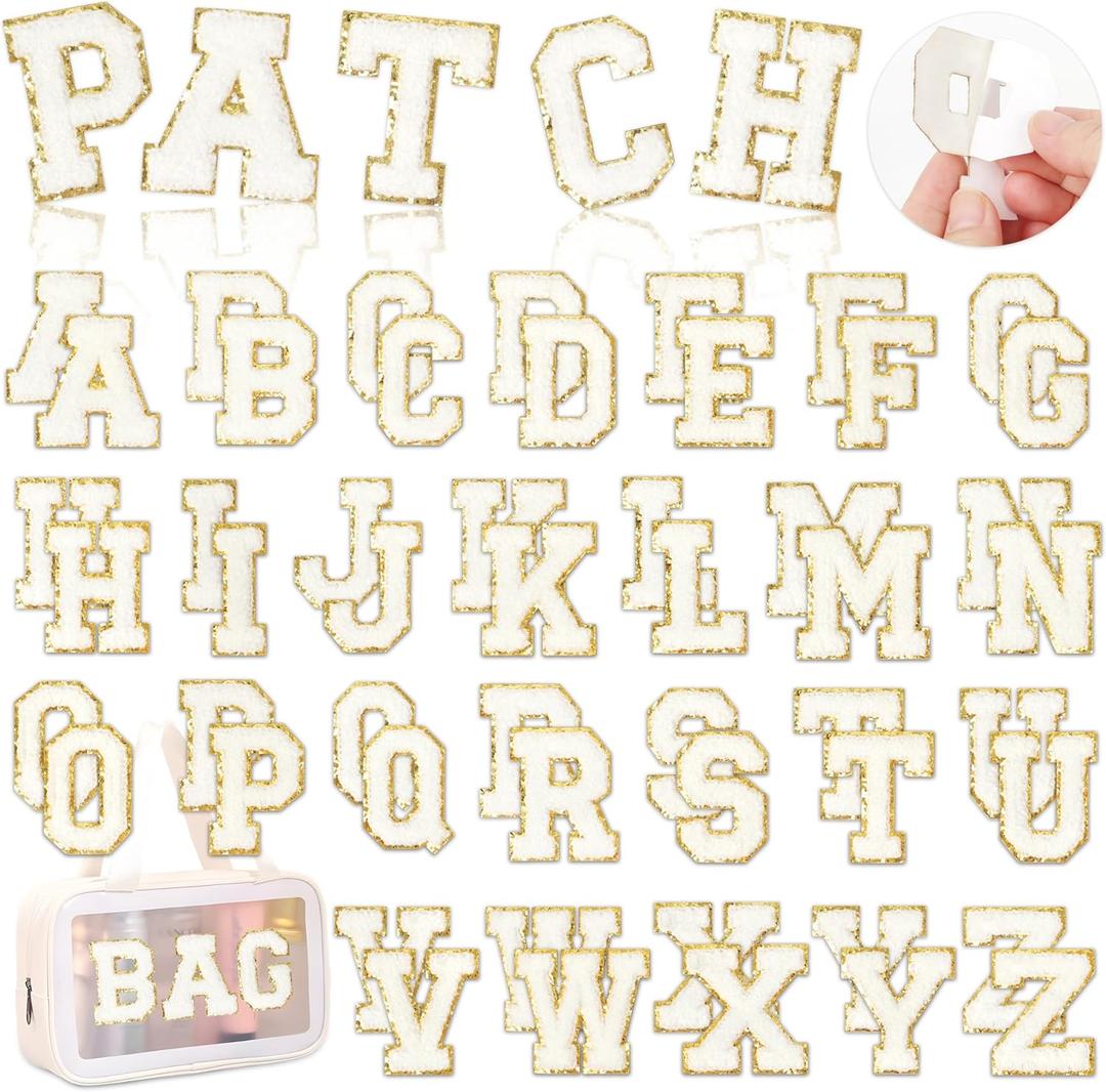 White Chenille Letters Self-Adhesive Patches: KINGSOW 52PCS Self Adhesive Varsity Iron on Letter Patches Stick on Embroidered Patch for Clothing
