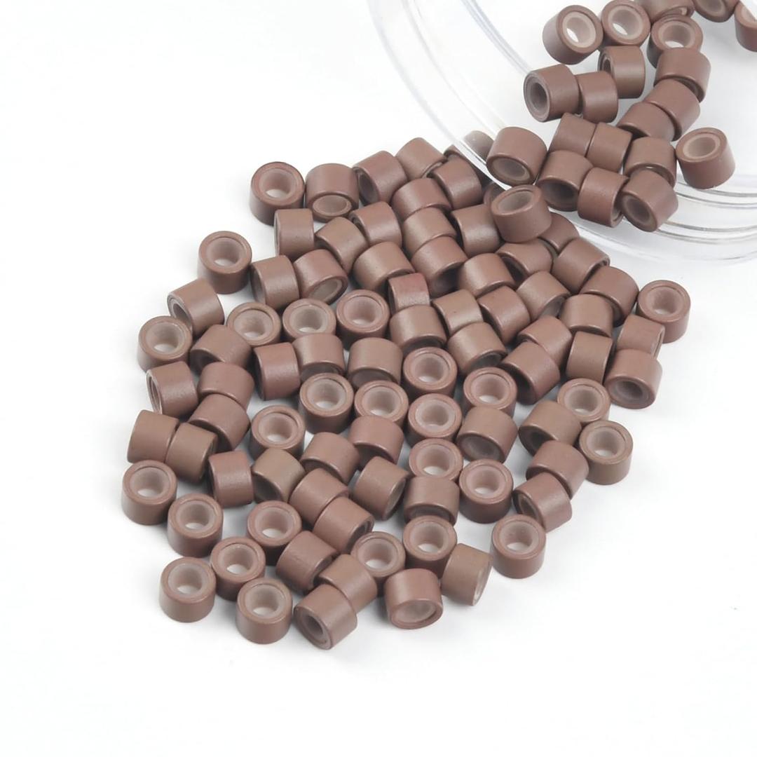 Vlasy 100Pcs 4mm Silicone Lined Micro Ring Beads for Hair Extensions 7Colors Apply (100Pcs Medium Brown)