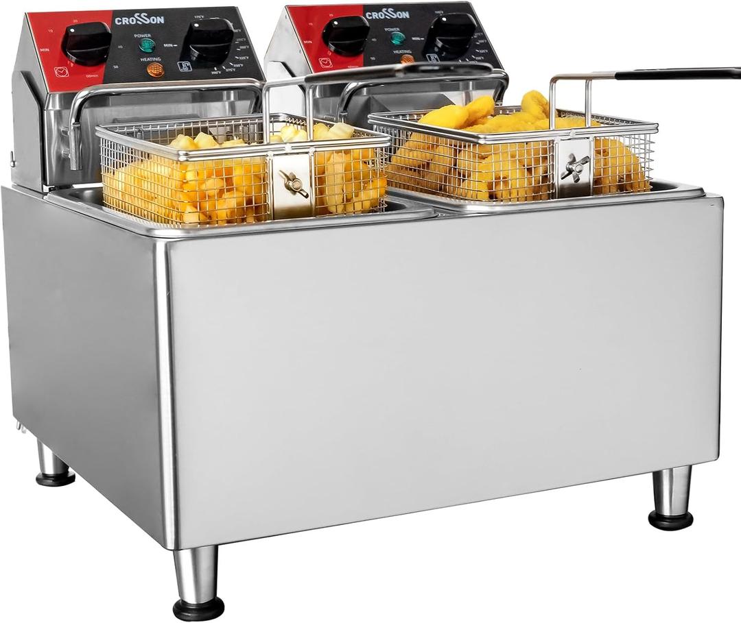 Crosson 20Lbs Dual Tank Electric Deep Fryer with Rotary fryer head,30 Minitues Timer,Removable 304 SS Oil Tank with Handle,9L Countertop Deep Fryer for Home Use