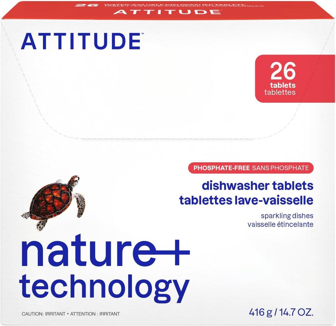 ATTITUDE Dishwasher Pods, Naturally Derived Dishwashing Detergent, Vegan and Plant-Based Dish Soap Tablets, Phosphate Free, Unscented, 26 Count (26 Count (Pack of 1))
