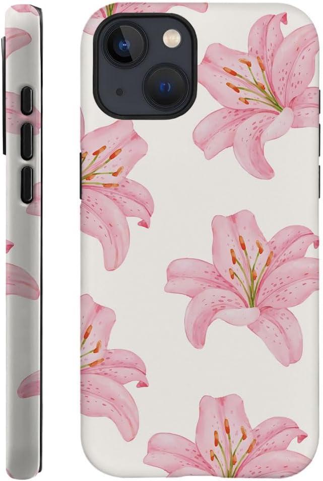 Case Compatible with iPhone 15,Fall Prevention Hybrid 2-Layer Hard Shell Phone Cover for Girls Boys,Lily Floral Pink