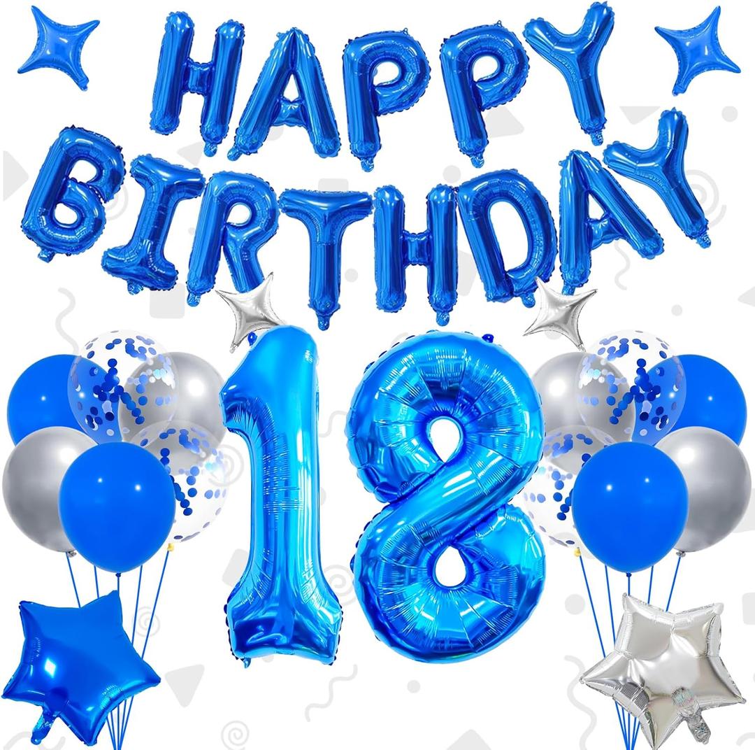 32 Inch 18 Balloon Numbers, Happy Birthday Balloon Banner 16 Inch Mylar Foil Letters Balloons Blue and Silver Balloons for 18th Birthday Decorations for Boys Blue Party Decorations (Blue-18)