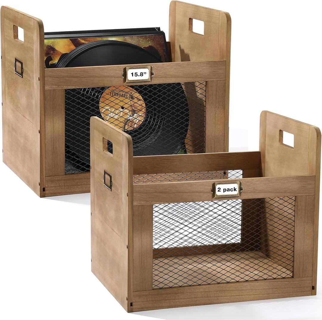 Maxdot 2 Pcs Vinyl Record Storage Crates, Wooden Record Crate with Handle, LP Albums Storage Boxes Wood Metal Mesh Multifunctional Cube Holder Organizers, for Storing up to 80 LP Vinyl