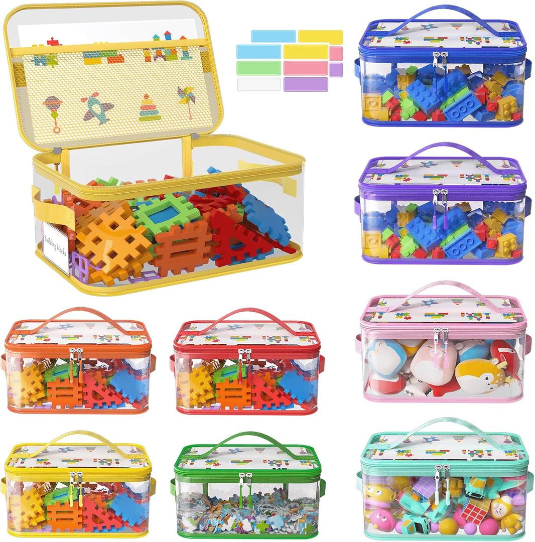 8 Packs Large Toy Storage Bags with Labels, Reusable Clear PVC Board Game Storage, Travel Waterproof Toy Organizer Bags with Name Tag and Manual Pocket for Building (L, XL)