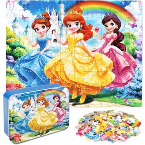 Princess Puzzles for Kids Ages 4-8, 60 Pieces Jigsaw Puzzles for Kids Ages 3-5 Puzzle for Girls and Boys Learning Educational Puzzles Toys in a Metal Box