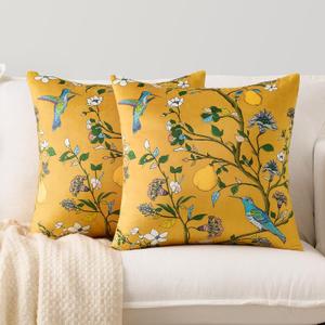 Vintage Mustard Yellow Floral Pillow Covers 16x16 Inch Set of 2 Boho Blue Hummingbird Wildflower Throw Pillows Spring Summer Chinoiserie Pillowcases Outdoor Decor Linen Cushion Covers for Couch Sofa