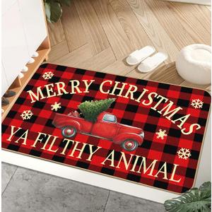 Christmas Door Mat Buffalo Plaid Retro Truck Entrance Mat Ya Filthy Animal Welcome Fun Winter Anti-Slip Rubber Backed Outdoor Indoor Low Profile Flax Floor Mat 17 x 29 Inch (Red1)