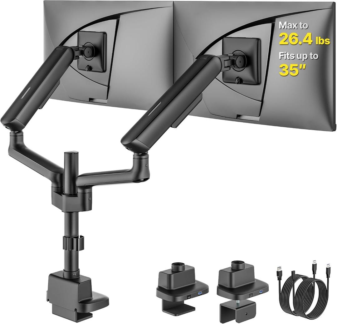 monTEK Dual Tall Monitor Arm with USB, Mechanical Spring Monitor Arm for 17-35" Screens, Adjustable Monitors Desk Mount Each Holds up to 24.2 lbs with C Clamp/Grommet, VESA 75/100mm