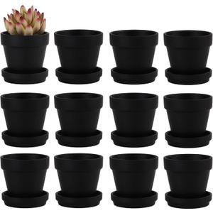 Fcacti 3 Inches Small Black Terracotta Pots with Saucer, 12 Pack 3" Terra Cotta Planter with Drainage Holes, Small Clay Flower Pots for Plants, Succulents, Crafts, Wedding Favor