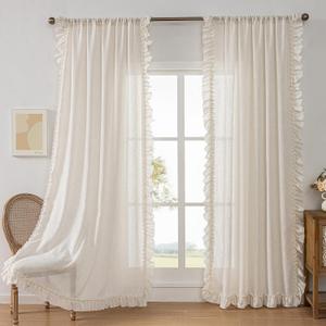 Extra Long Ruffle Curtains 108 Inches Long 2 Panels, 58x108 Inch, Natural Linen Textured Ruffled Curtains for Living Room Rod Pocket Privacy Light Filtering Cottagecore Semi Sheer Flowy Window Drapes