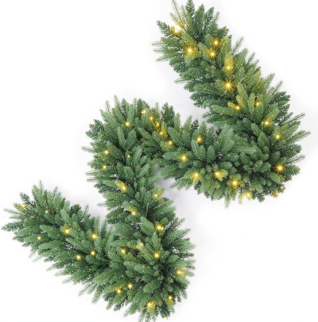 9FT Pre-Lit Artificial Christmas Garland with 50 White Light, Pulg in, Holiday Decorations Garland, Mantle for Indoor Holiday Door Home Decorations Stairs Fireplaces Wall