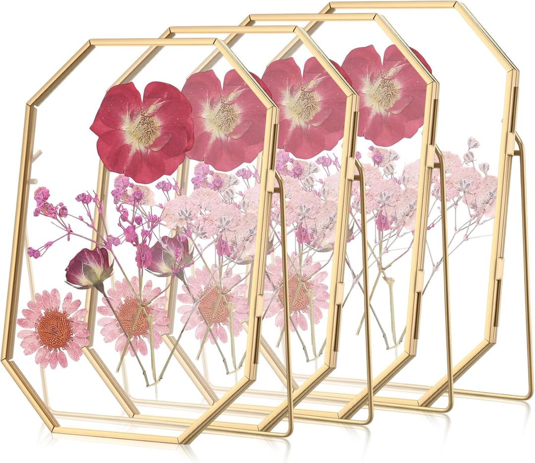 Yalikop 4 Pcs 5 x 7 Inches Glass Pressed Flower Frame Floating Picture Photo Octagon Frame, Double Tabletop Artwork Flower Plant Hanging Display for Home Office Wedding Gifts DIY Decor (Gold)