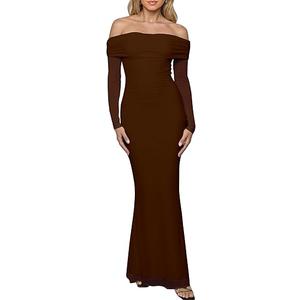 BORIFLORS Women's Elegant Off The Shoulder Bodycon Long Sleeve Maxi Dress Mesh Cocktail Party Wedding Guest Formal Dresses, Coffee,  Size L