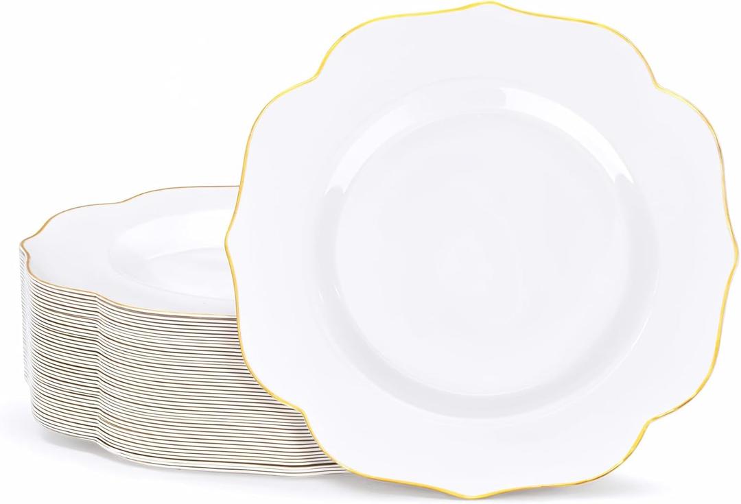 bUCLA 48Pieces Gold Plastic Dessert Plates Disposable - 7.5inch Premium Hard White with Gold Rim Plastic Salad/Appetizer/Small Cake Plate for Thanksgiving&Party (48PCS)