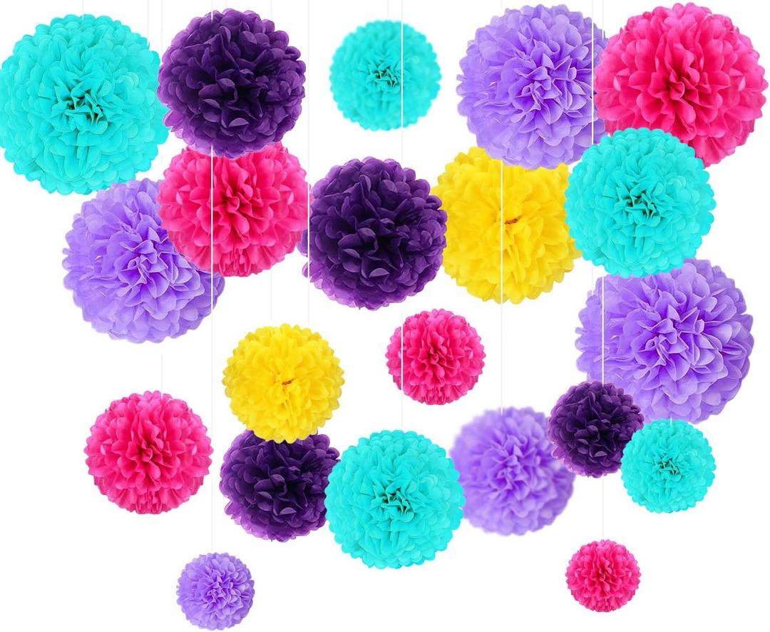 Acqua Blue Purple Yellow Rose Pink Tissue Paper Pom Poms Flower Set-30PCS Ideal for Birthday,Bridal Showers,Wedding,Baby Shower Party Decorations (12",10",8",6)