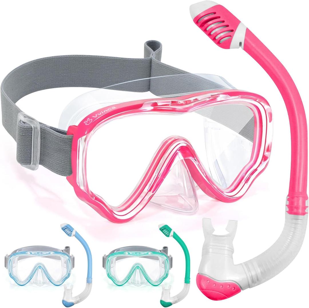 Vvinca Snorkel Set for Kids 3-14, Dry Top Snorkeling Gear for Boys Girls Youth, Panoramic View Swim Goggles with Nose Cover & Anti-Fog Lens, Junior Scuba Diving Mask with Adjustable Soft Fabric Strap
