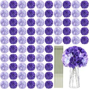 Yunsailing 100 Pcs Artificial Hydrangea Flowers Hydrangea Flower Heads with Stems Silk Faux Flowers for Wedding Centerpiece Fake Bouquet Home Indoor Garden Party Decoration (Dark Light Purple)