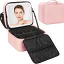 Relavel Makeup Bag with LED Mirror, Small Travel Makeup Case with Rechargeable Lighted Mirror 3 Color Lights, Double Layer Cosmetic Box Makeup Brush Lipstick Holder Organizer for Women, Pink