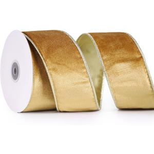 Gold Velvet Ribbon - 2.5" x 10 Yards, Christmas Wired Ribbon for Gift Wrapping, Tree Decorations, Wreaths, Bows, Crafts, Home Decor