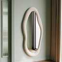 Honyee 55" x 24" Wall Mirror, Flannel Wrapped Wooden Frame Wavy Mirror, Irregular Mirror Hanging for Cloakroom/Bedroom/Living Room, Ivory White