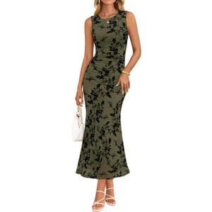 ZESICA Women's Sleeveless Floral Bodycon Maxi Dress 2026 Summer Ruched Mesh Wedding Guest Cocktail Party Dresses, L