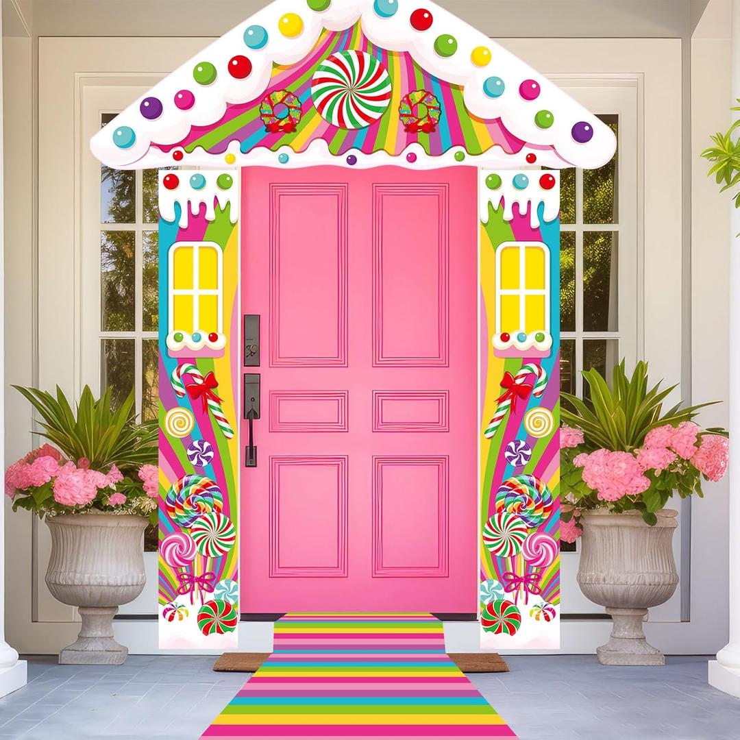 Namalu 4 Pcs Candy Party Door Decorations Sweet Candy Door Banner Colorful Runner Rug Background Lollipop Porch Sign for Birthday Baby Shower Sweet Shop Backdrop Photo Booth Party Supplies (Multicolor)