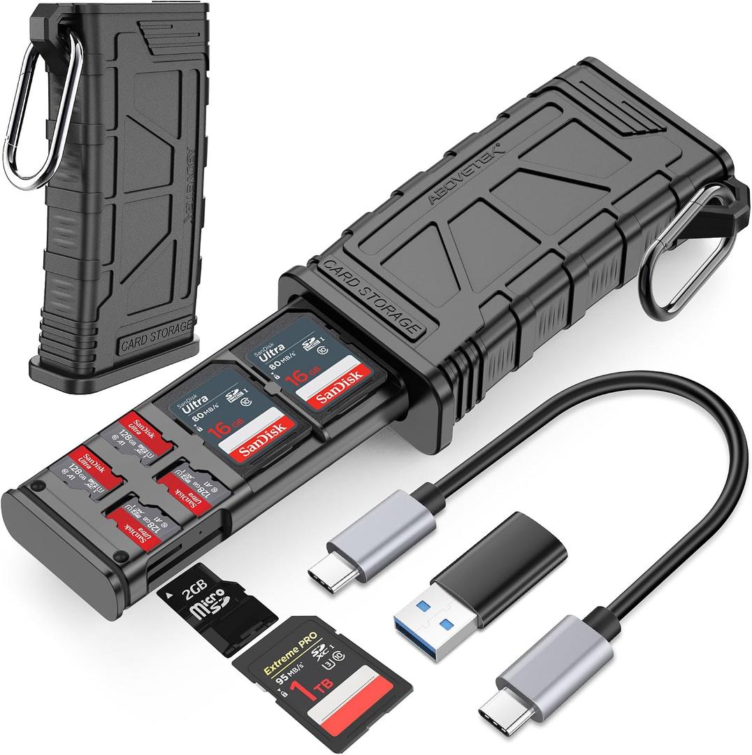 AboveTEK High-Speed SD Card Reader, 2-in-1 SD/Micro SD Card Holder & Reader, USB 3.1 Type-C UHS-II SD Cards Storage Case for Camera Memory Cards, Compatible with iPhone, Drones, Action Cameras, Tablet