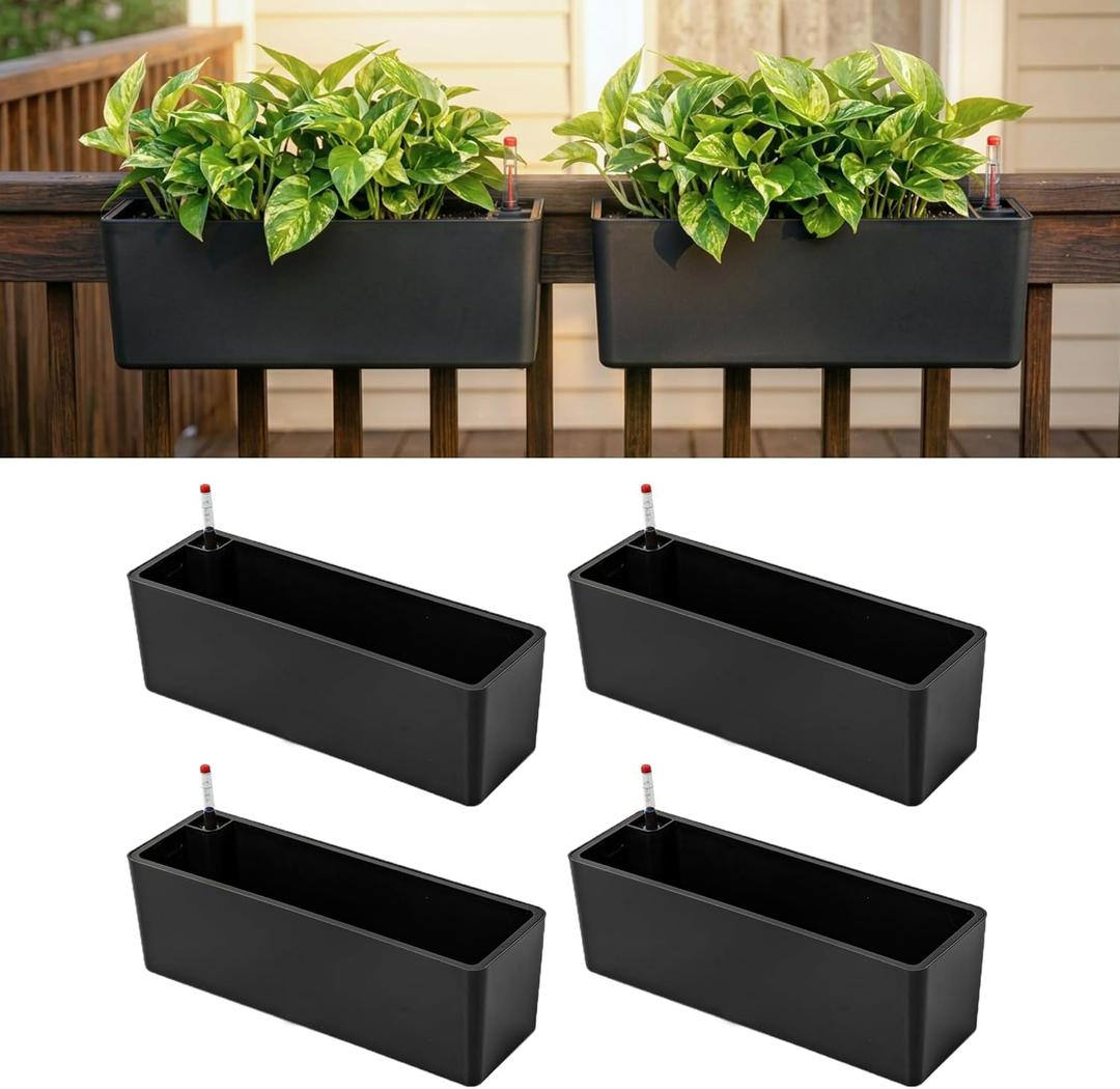 LaLaGreen Railing Planter Boxes (16 Inch, 4 Pack) Black Rectangular Plastic Window Box Planters with Self-Watering System Metal Brackets, Outdoor Plants Herbs Flowers Deck Balcony Fence Garden Decor
