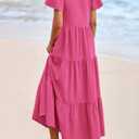 KIRUNDO Summer Maxi Dresses for Women 2026 Spring Fashion Short Sleeve Button V Neck Pleated Loose Tiered Swing Flowy Dress (Pink, S)
