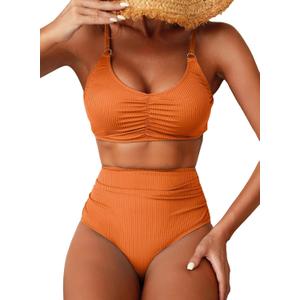 Herseas Women's Loop Straps Bikini Sets 2 Piece Shine Ribbed Swimsuits Ruched High Waisted Bathing Suits (Orange, Small)