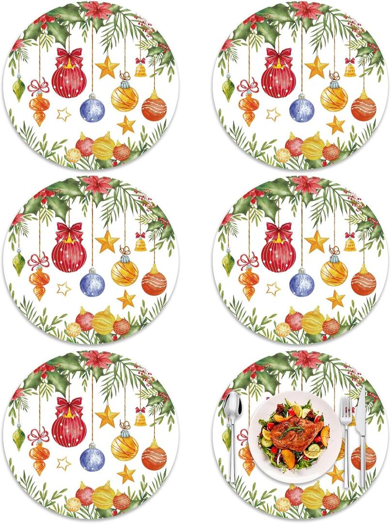 Tarklanda Christmas Placemats Set of 6, 13.4 Inch Round Washable Vinyl Table Mats Christmas Balls Watercolor Plastic Placemats for Holiday Dining Kitchen Winter Xmas Party Decor