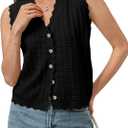 Trendy Sweater Vest Waffle Knit Top Vest V Neck Cardigan Sweater Casual Sleeveless Tops Cute Ruffle Vest (Black, L)